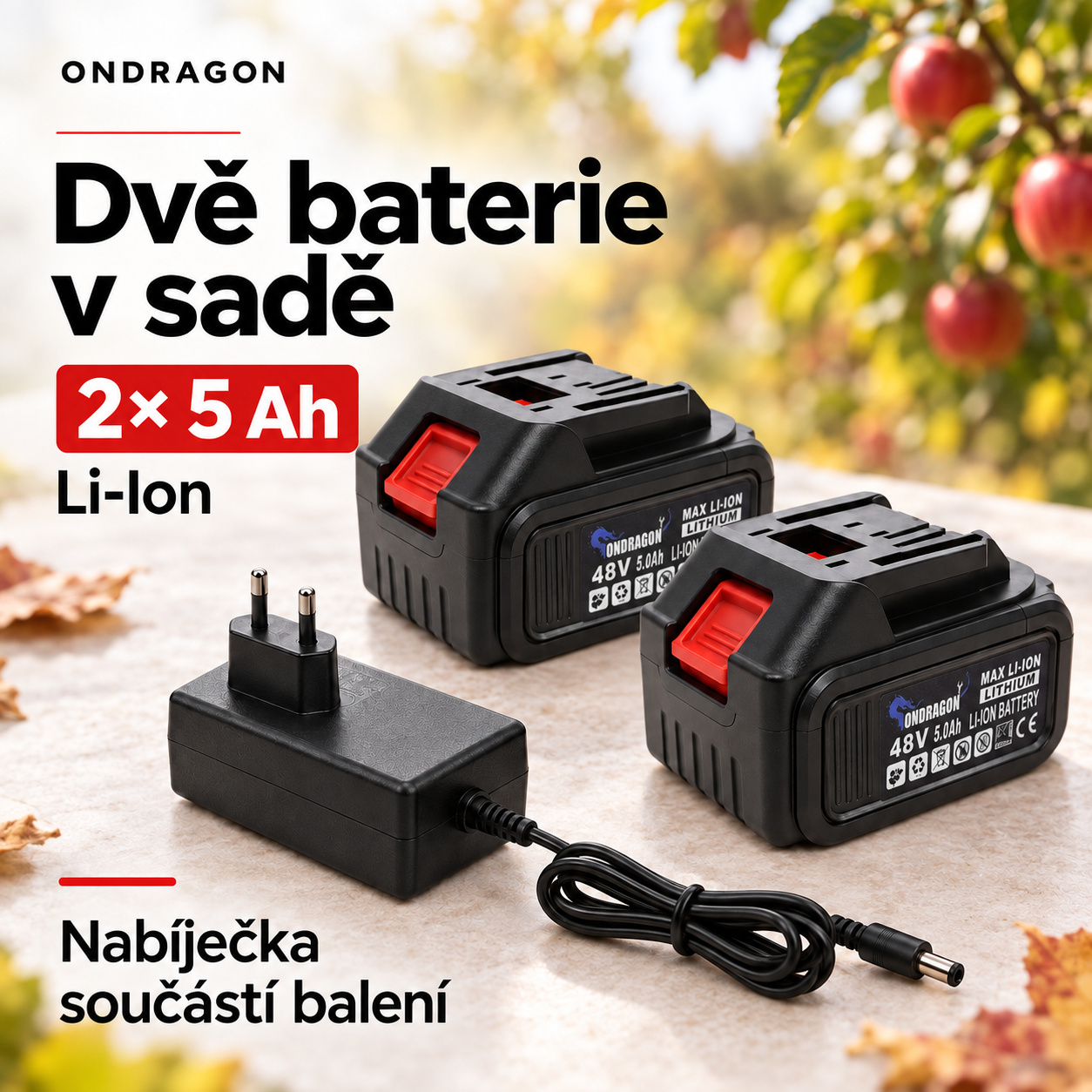 Dvě baterie 5 Ah a nabíječka