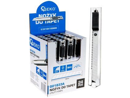 Nůž na tapety 100×18×0,5 mm SK4 s kovovým tělem GEKO — výstavní karton 24 ks