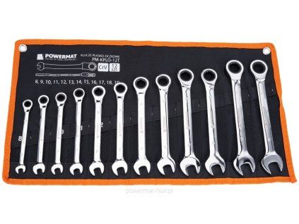 Sada plochých očkových klíčů s ráčnou Powermat PM-KPLO-12T — 12 kusů, 8–19 mm