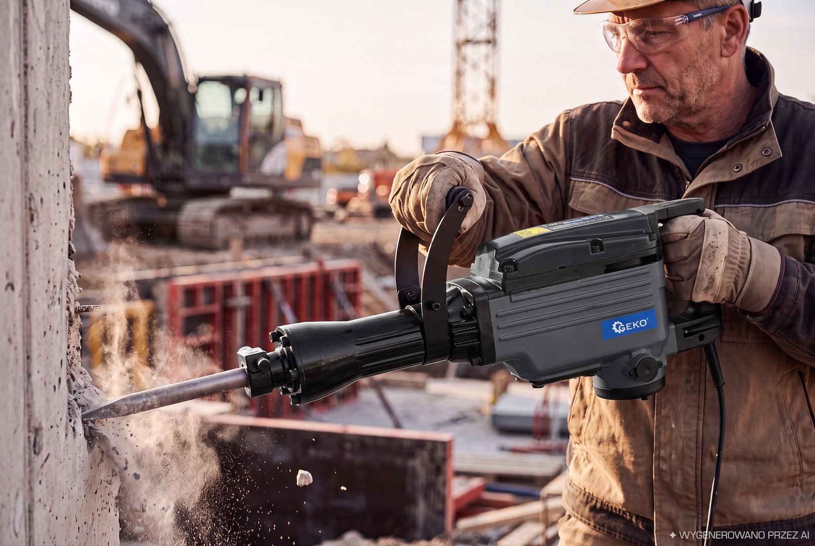 Rázová mlota Geko 45 J – 1200 W s příslušenstvím — v provozu
