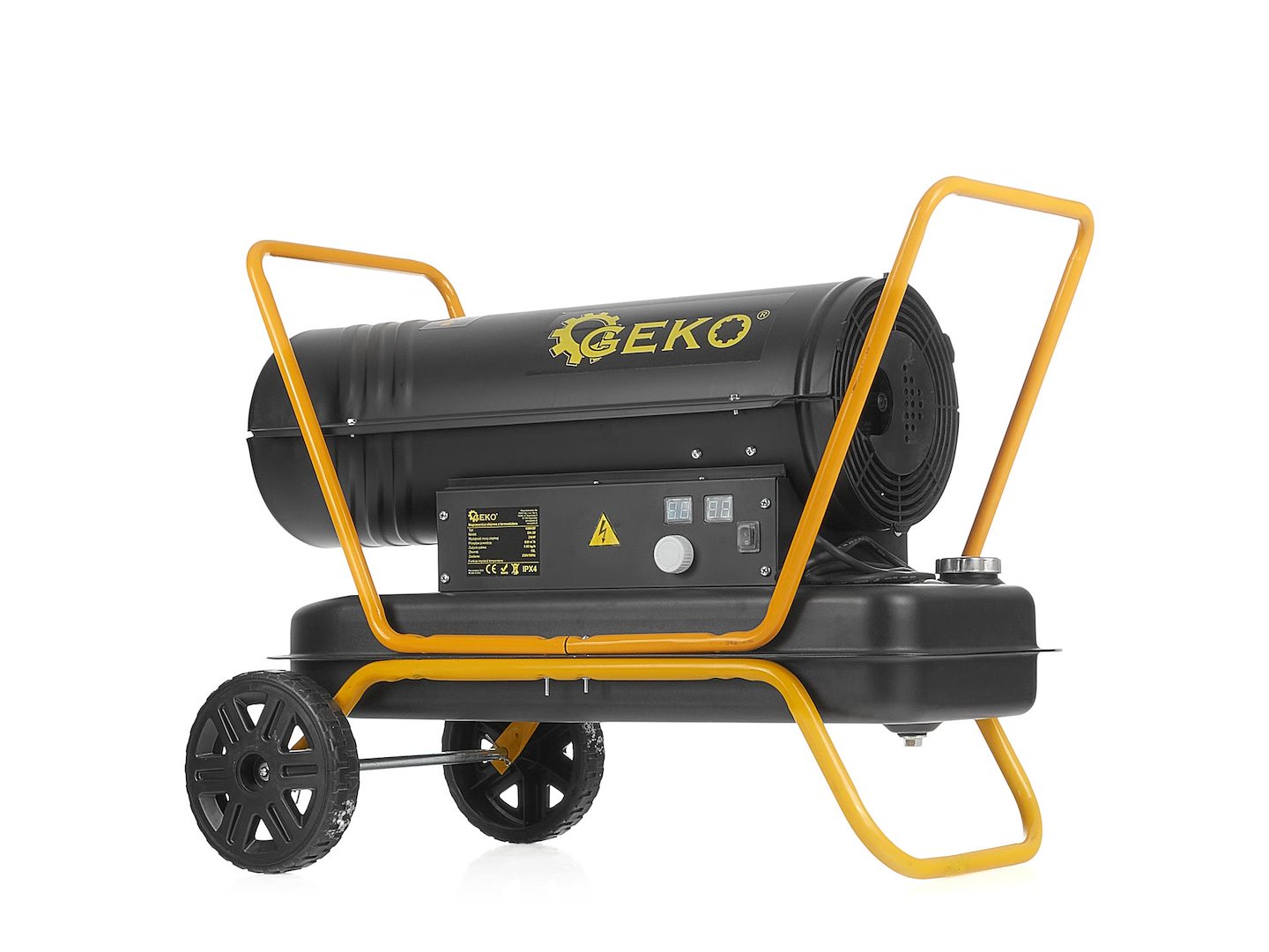 Olejový ohřívač Geko G80420 25 kW s termostatem — V provozu