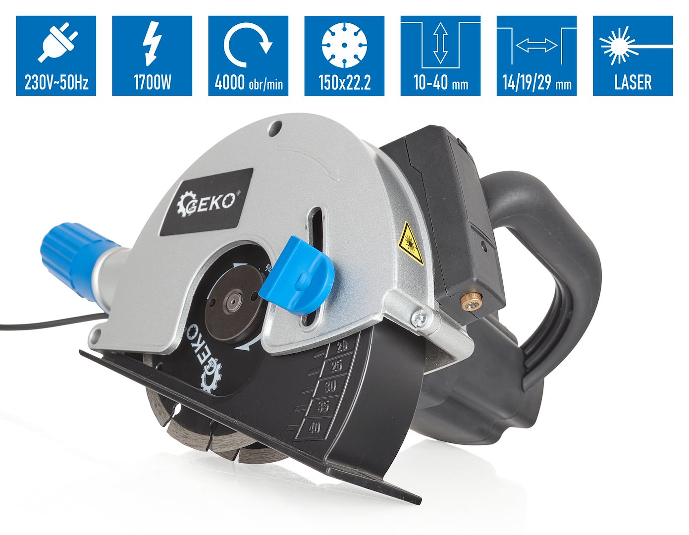 Drážkovačka na beton s laserovým ukazovátkem Geko G80815 – 1700 W, 2× diamantový kotouč 1