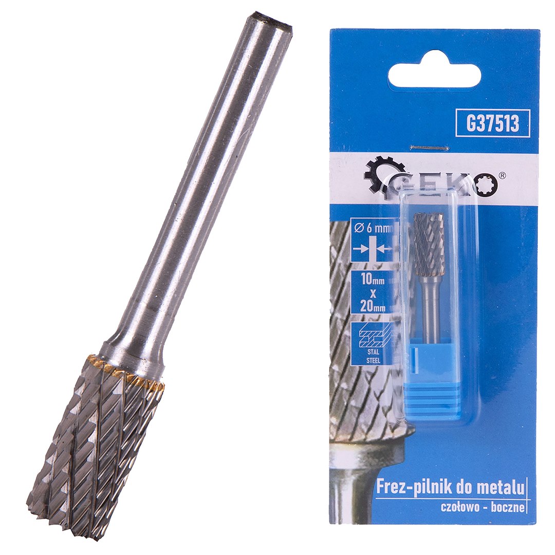 Fréz-pilník na kov z karbidu wolframu 10x20 mm trn 6 mm čelní-boční Geko — Celkový pohled