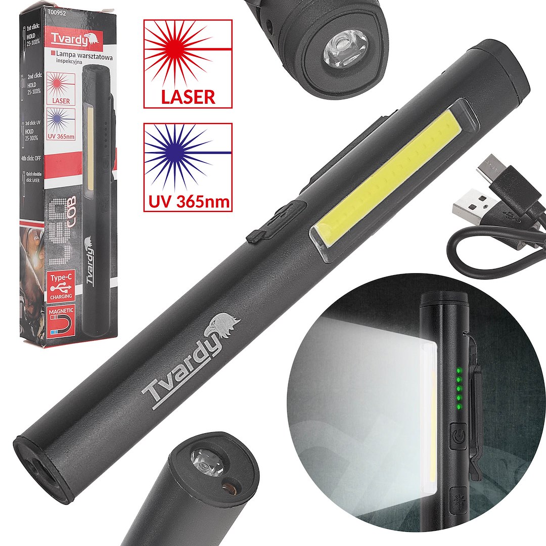 Inspekční dílenská lampa s magnetem LED COB 5W + UV laser 3W 800mAh 400lm IP44 – Geko 1