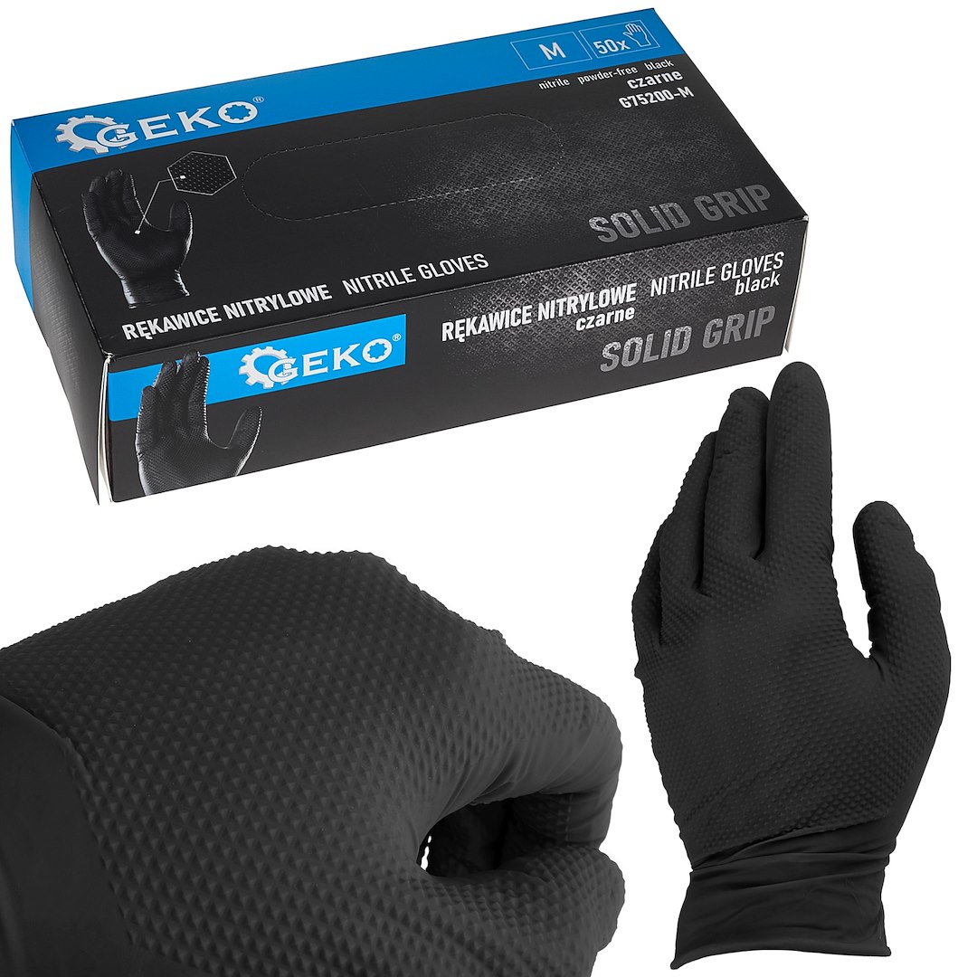 Nitrilové rukavice Geko SOLID GRIP 50 ks, velikost M, černé — Celkový pohled