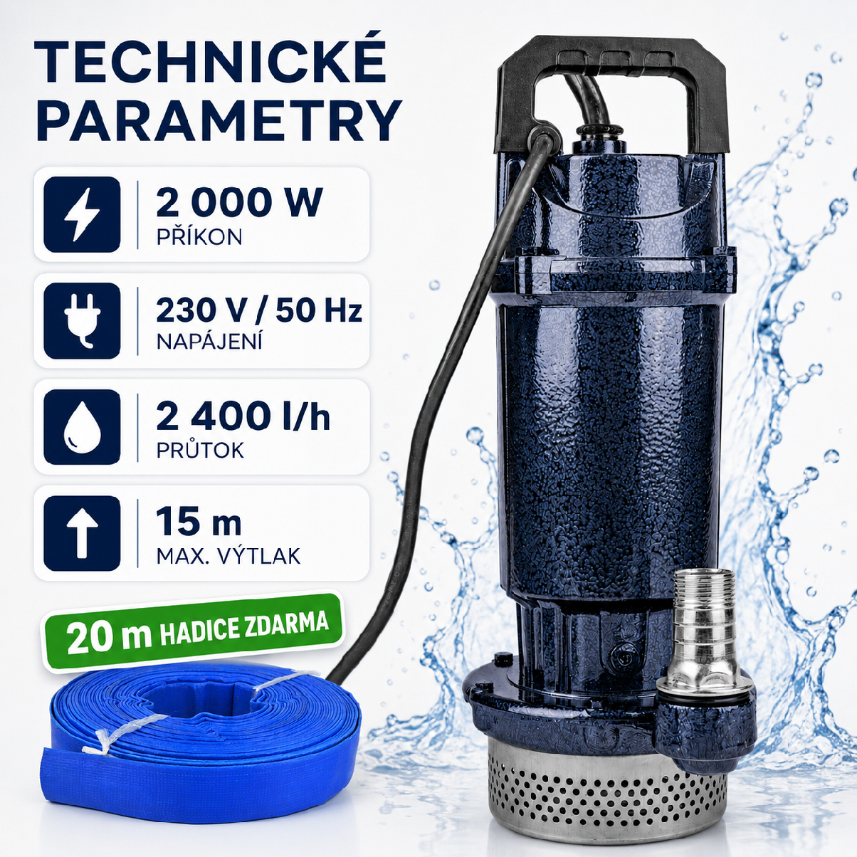 Ponorné kalové čerpadlo ONDRAGON 2000 W — plovákový spínač