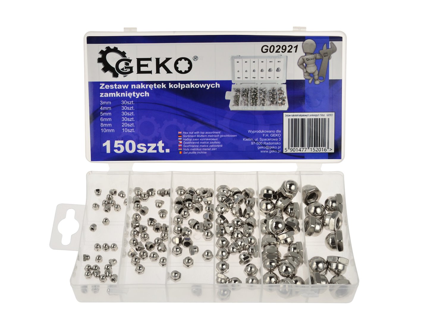 Sada uzavřených krycích matic 150 ks – Geko G02921 (M3–M10) 1